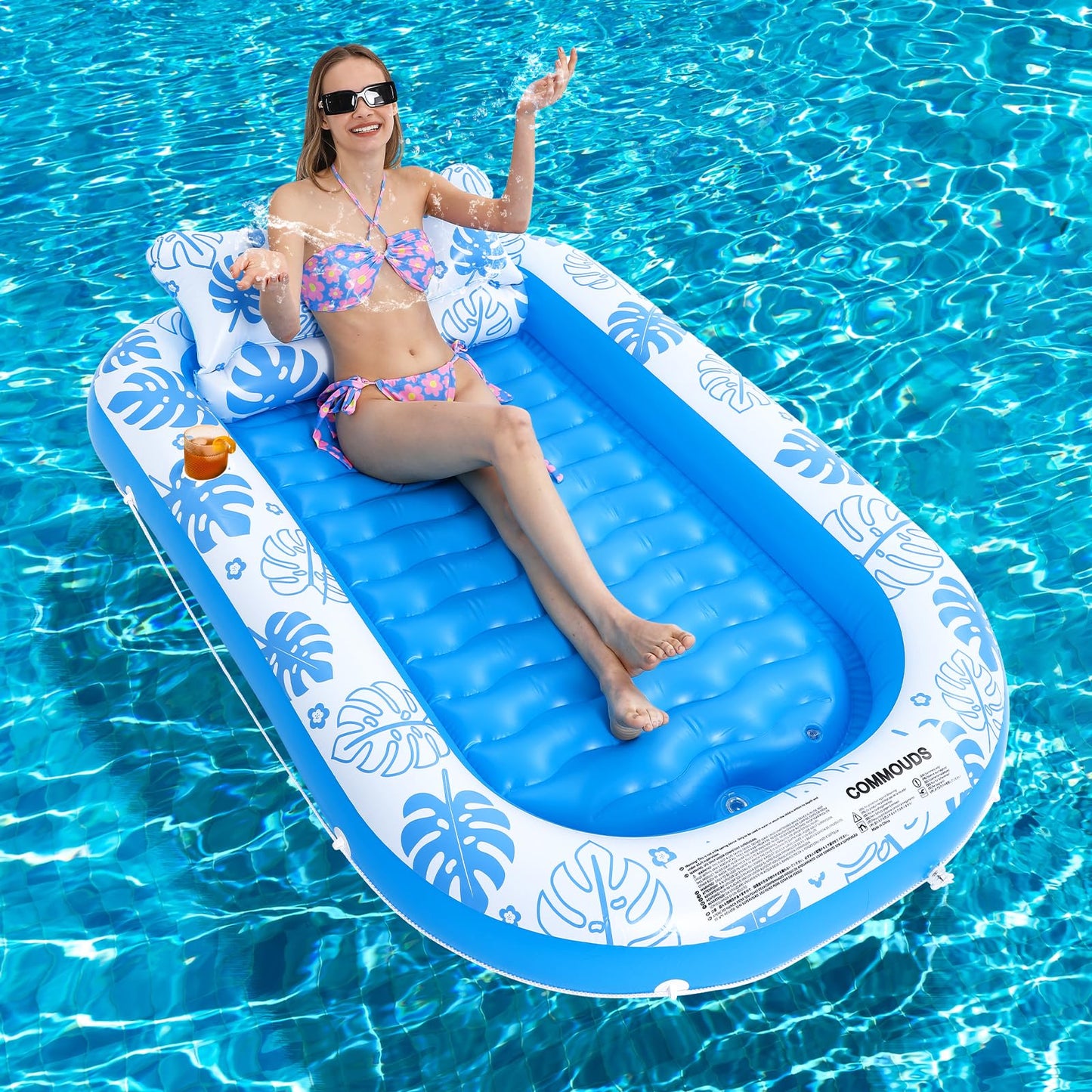COMMOUDS Inflatable Tanning Pool Lounger Float with Cervical Pillow — 71in x 47in, SkyBlue