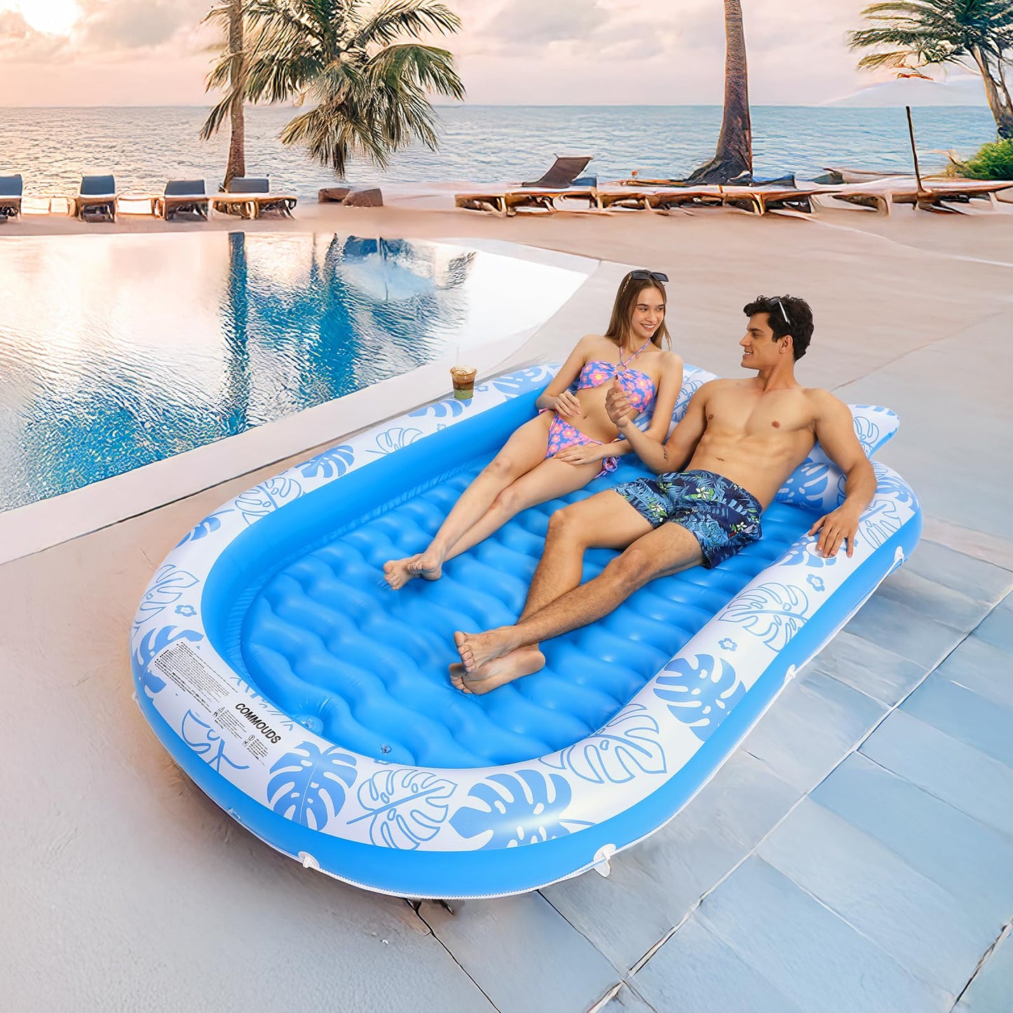 COMMOUDS Inflatable Tanning Pool Lounger with Cervical Pillow – Ultra Large 89x67 Inches for Sunbathing, Backyard & Pool Parties