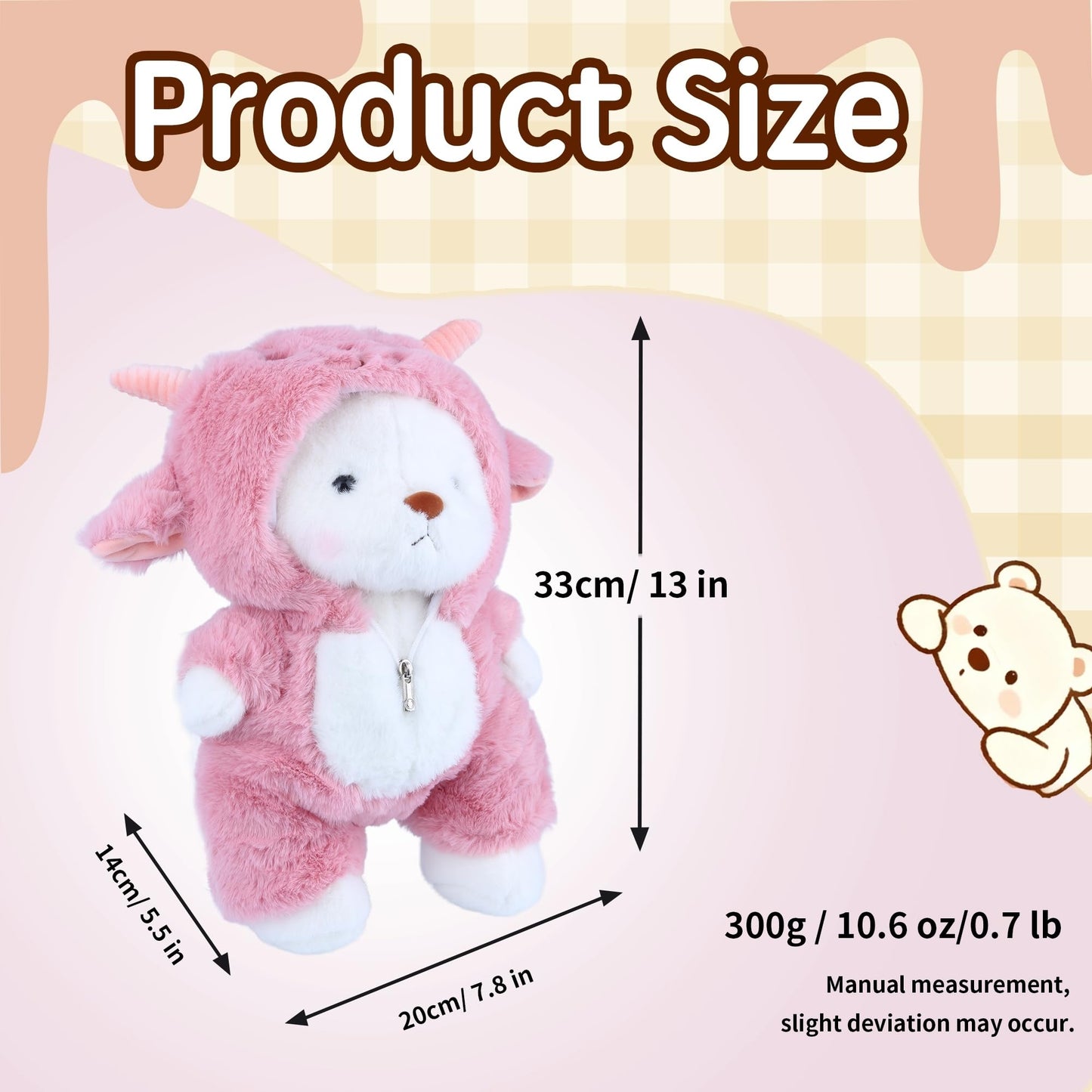 Comnonage Teddy Bear Plush — Movable Legs, Removable Pink Lamb Hoodie, 13 Inches
