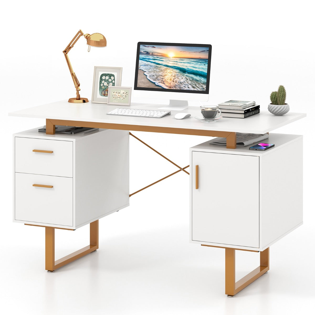 Computer Desk with Floating Desktop and Dual Drawers-Rustic Brown