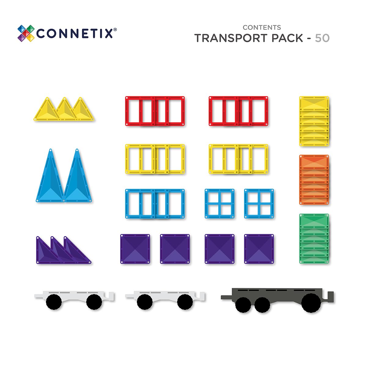 Connetix Rainbow Transport Pack – 50 Magnetic Tiles for Open-Ended Vehicle Building