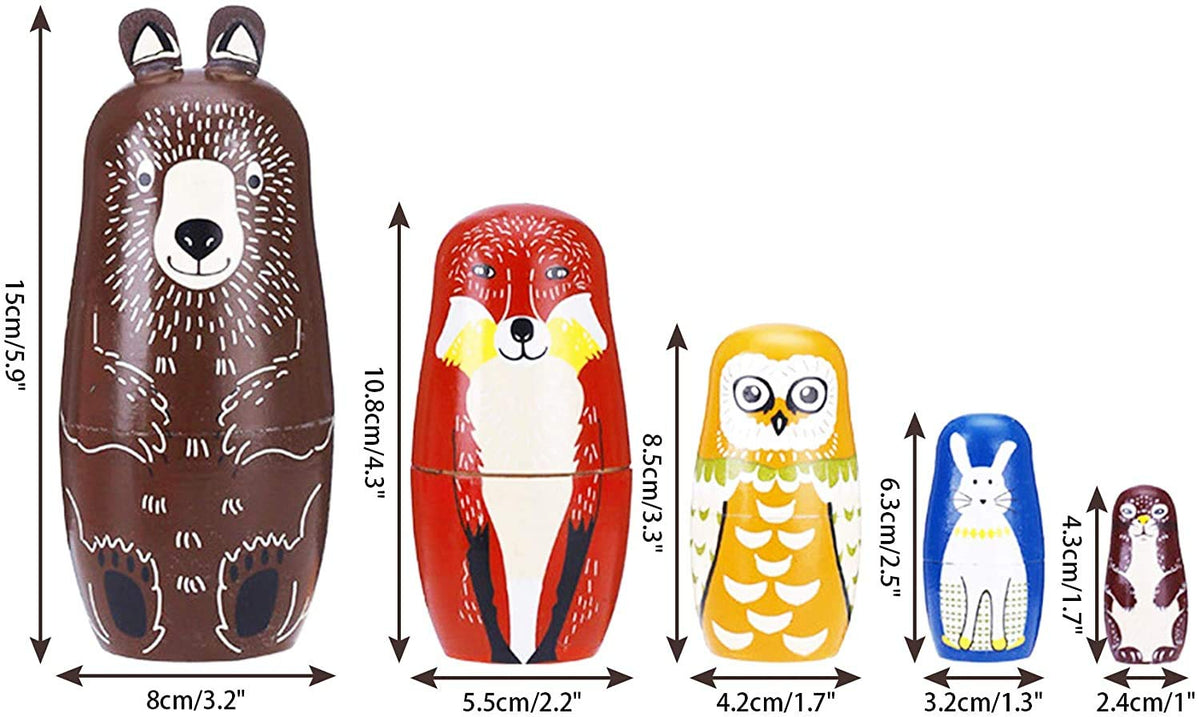 Conzy Russian Nesting Dolls - 5-Piece Animal Matryoshka Set for Kids