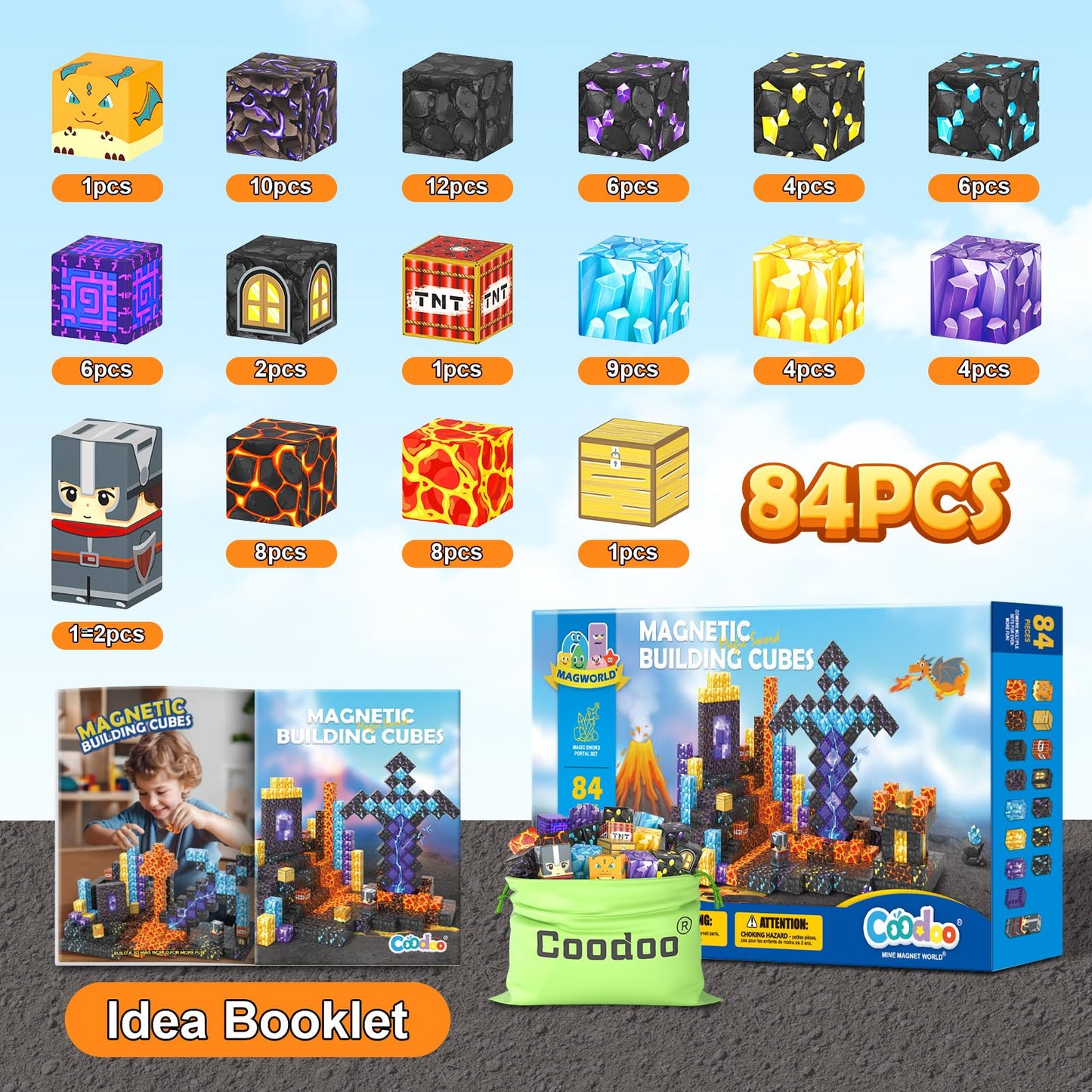Coodoo Magnetic Blocks - Build Mine Magnet World Magic Sword Portal Set (84pcs) | Creative STEM Toy for Kids 3+