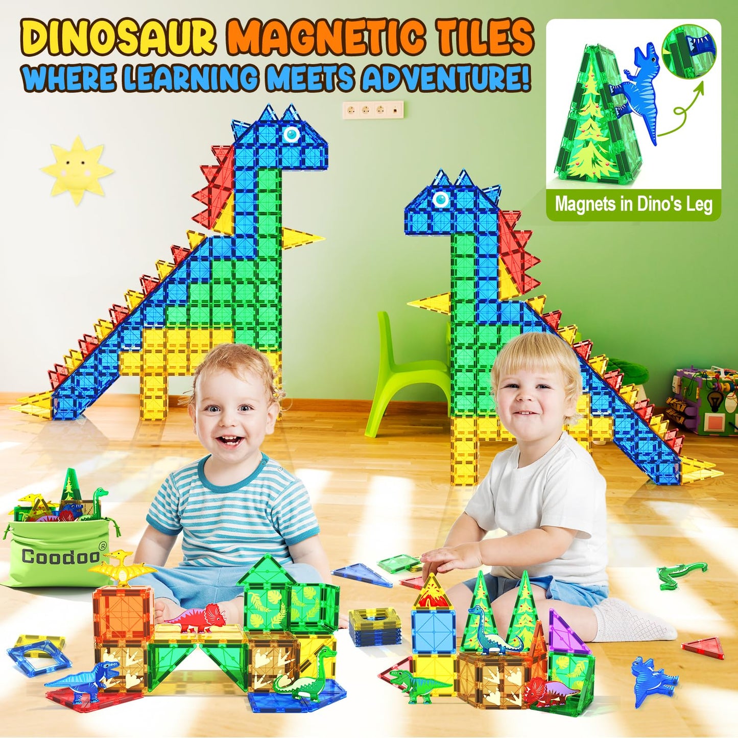 Coodoo Dinosaur Toys Magnetic Tiles – STEM Building Blocks for Kids 3+ | Imaginative Dinosaur World