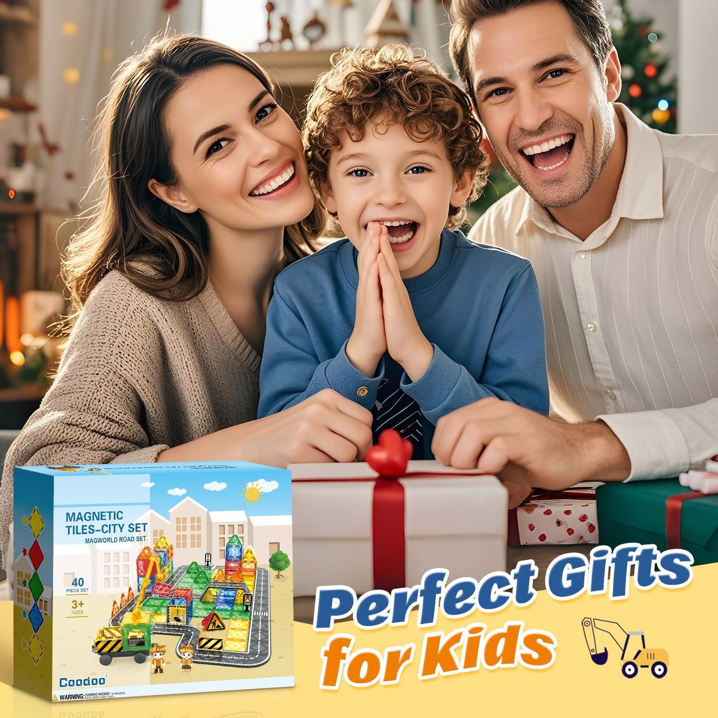 COODOO Kids Magnetic Road Set with Extendable Crane – City Building Toys for Ages 3+