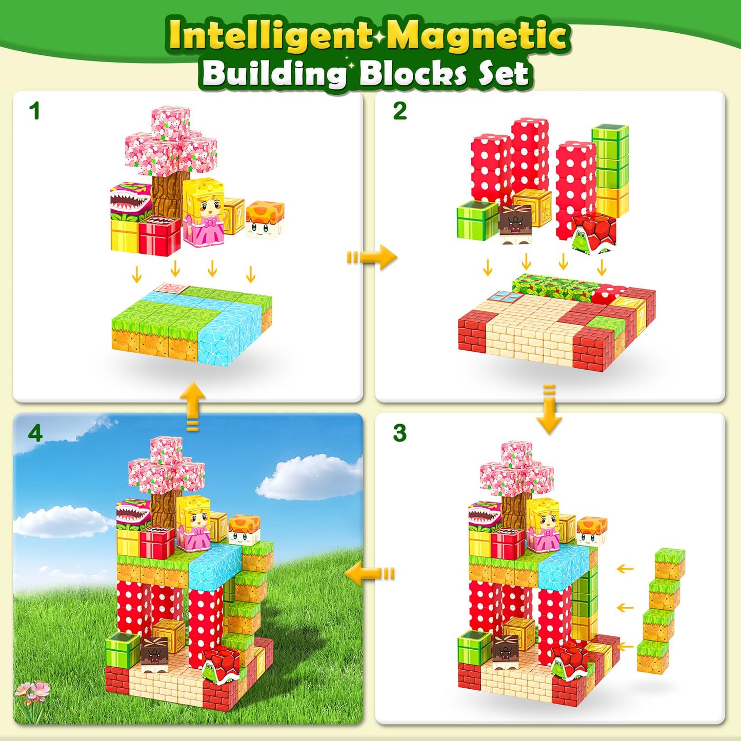 Coodoo Magnetic Blocks - Build Mine Magnet World Teleport Pipes Set (72pcs, 1'' Blocks) | STEM Toys for 3+