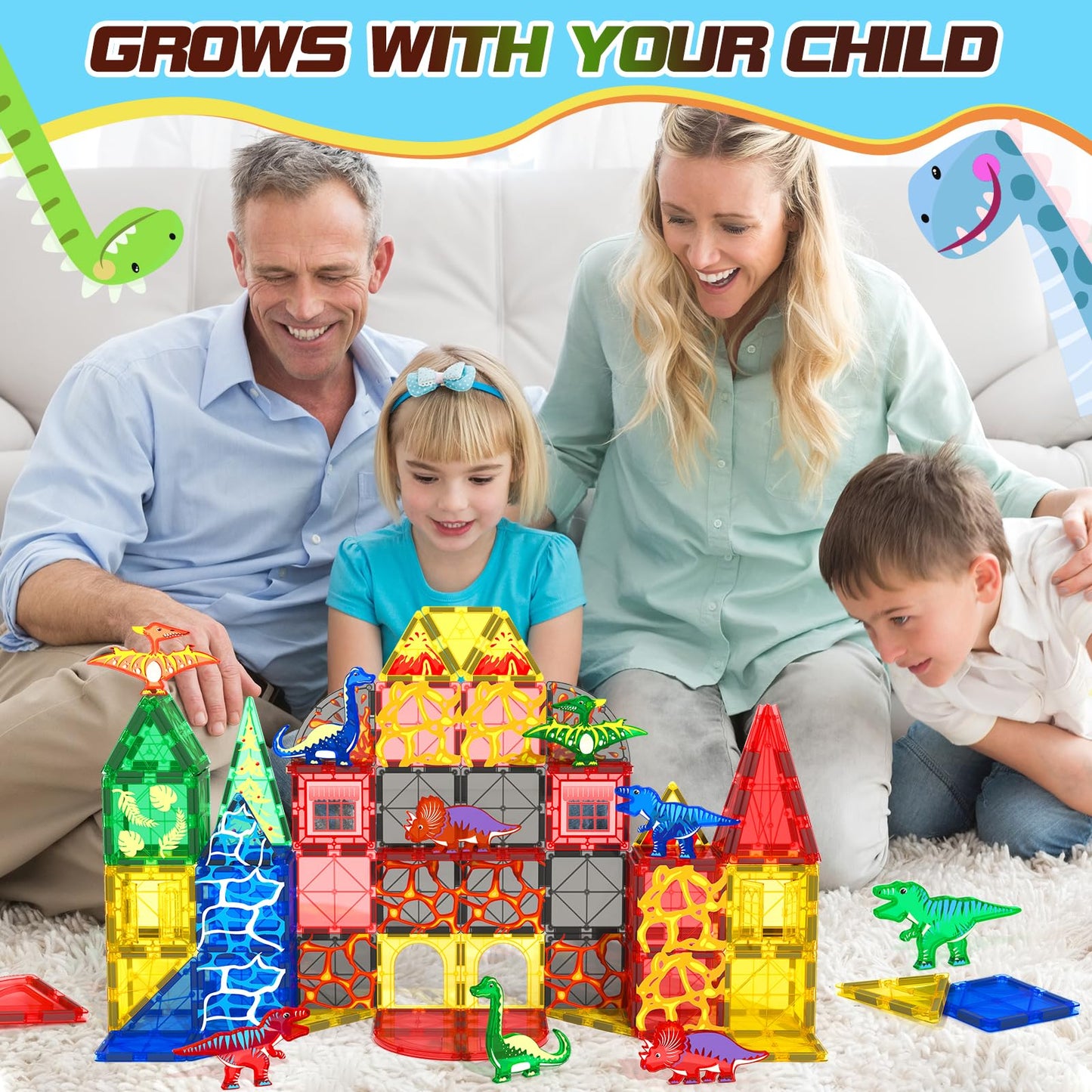 Coodoo 102PCS Dinosaur Magnetic Tiles – Jurassic World Adventure Set (8 Dinosaurs)