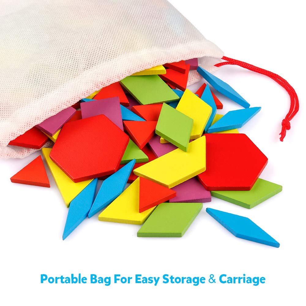 Coogam Wooden Pattern Blocks Set 130PCS – Montessori Tangram Shapes with 24 Design Cards