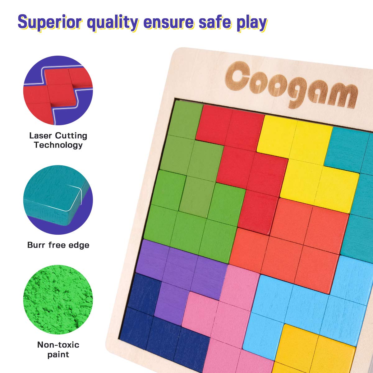 Coogam Wooden Puzzle Pattern Blocks – 60 Challenges, 3D Tangram Brain Teasers