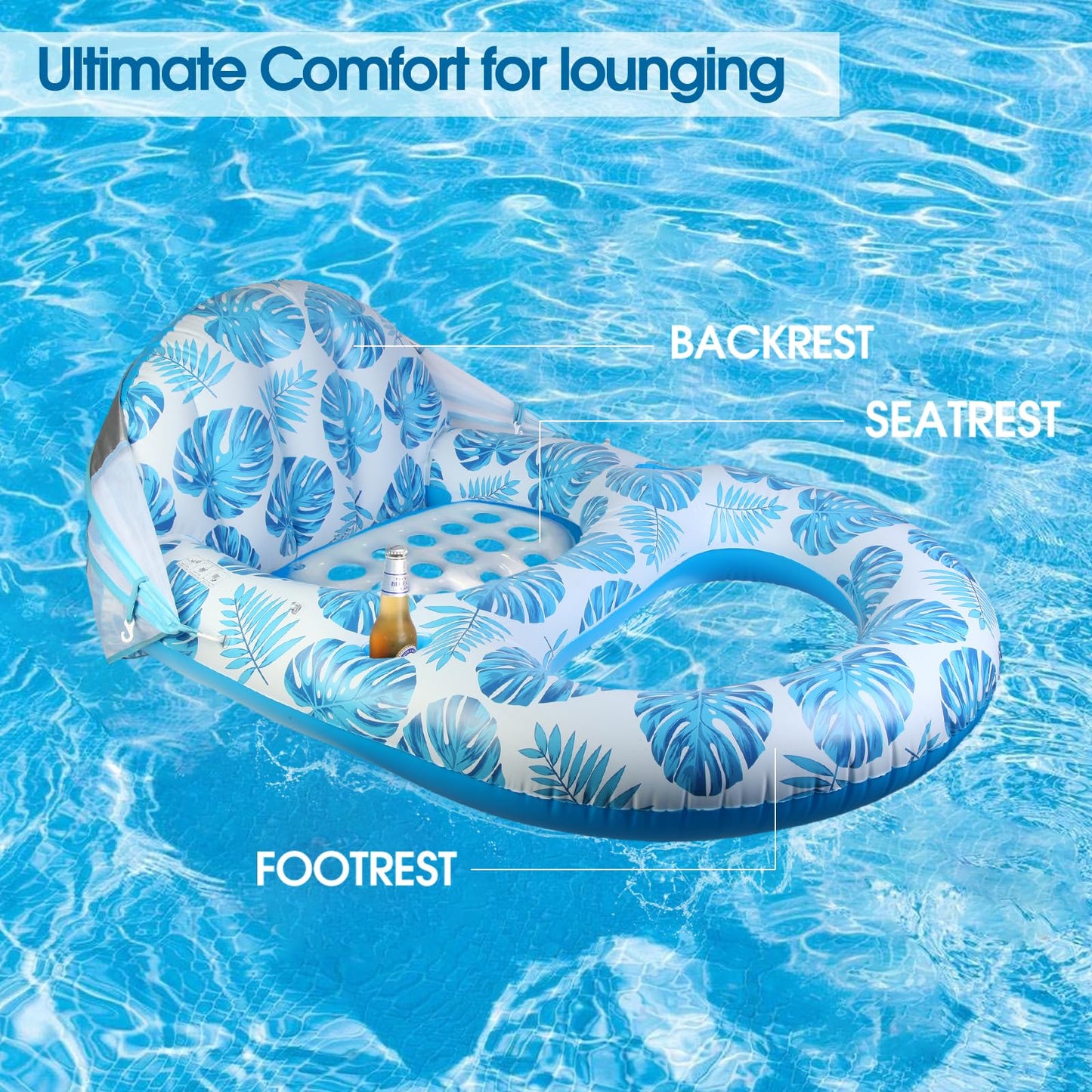 COOLCOOLDEE Pool Lounge Float with Canopy – UPF50+ Shade, Extra Large, Heavy-Duty Inflatable Lounger