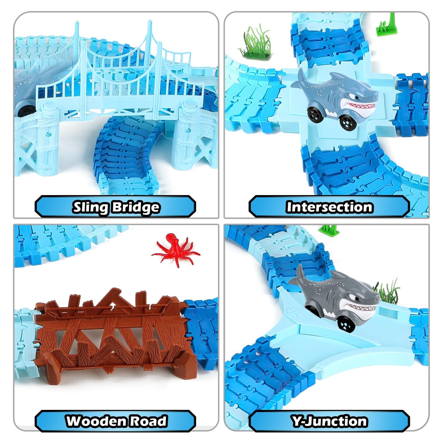 Coroiesty 264 PCS Shark Race Tracks – Glow in the Dark DIY Track Set (2 Shark Cars) for Kids 3-9