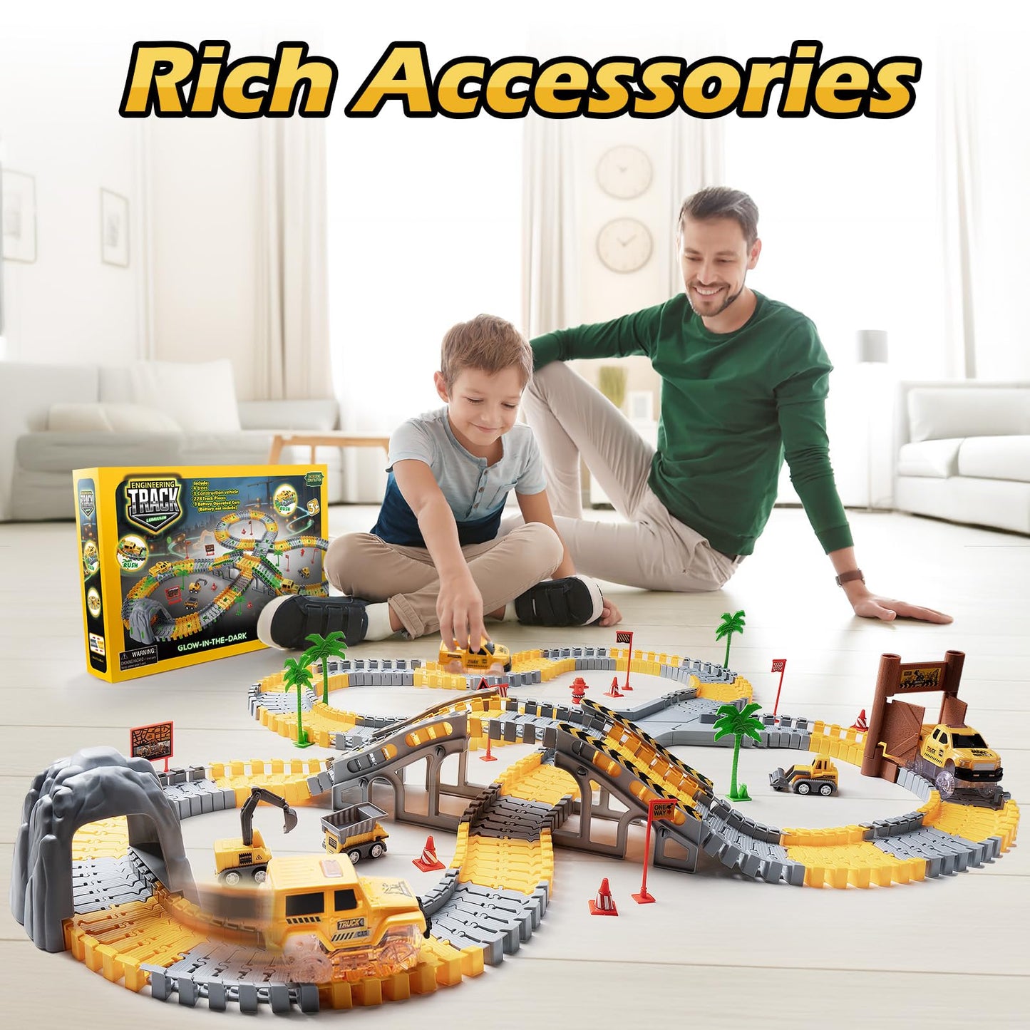 Coroiesty 264 PCS Construction Race Tracks – Glow in the Dark DIY Track Set with 2 Light Up Cars