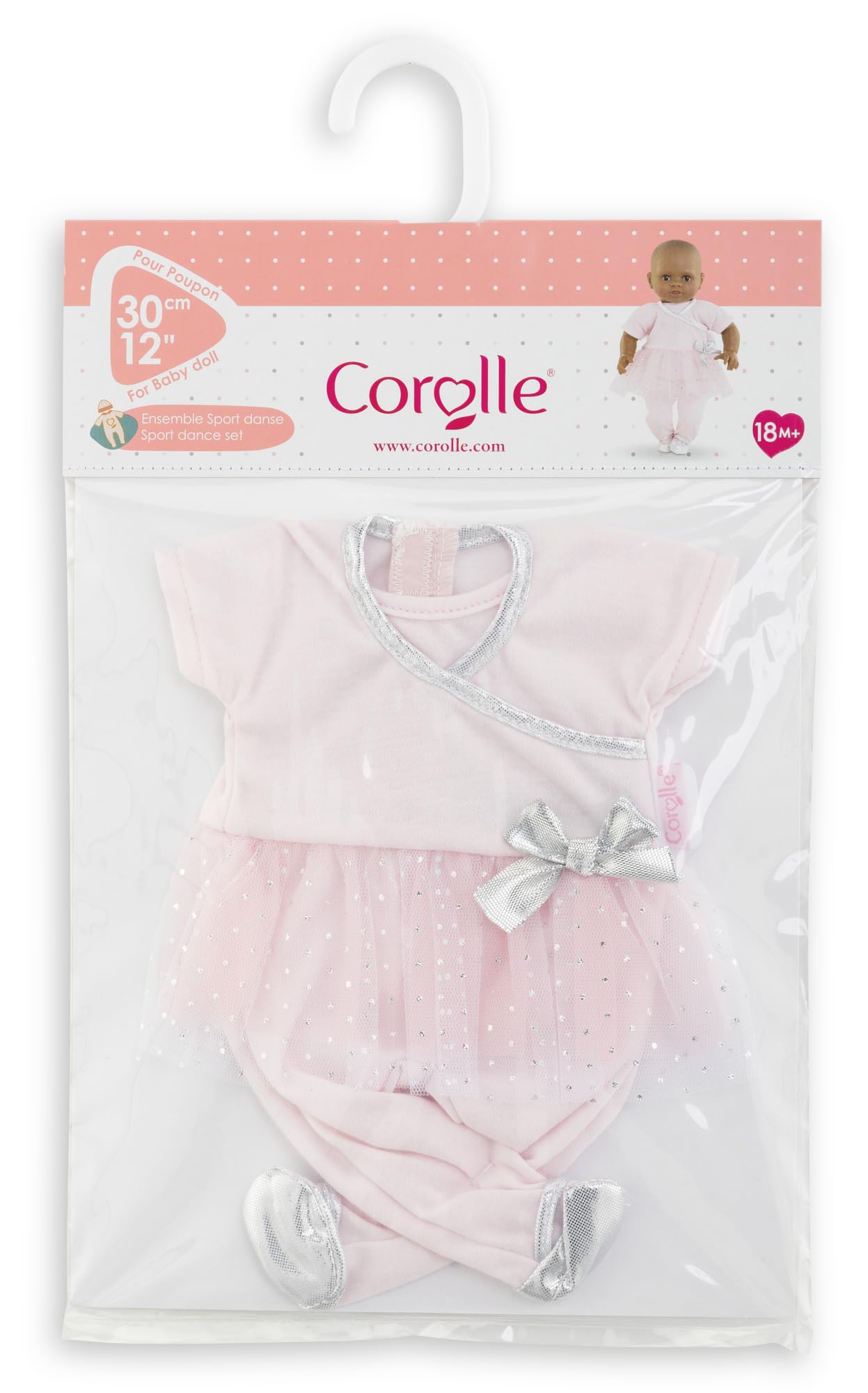 Corolle Sport Dance Baby Doll Outfit Set – Pink Dress for 12in Dolls with Self-Adhesive Closures