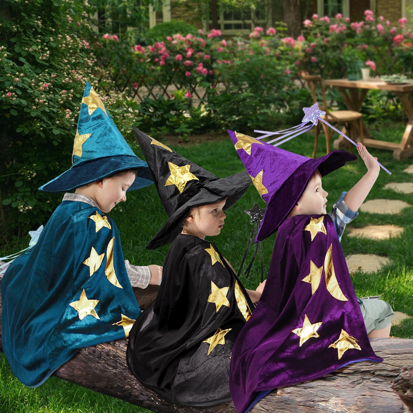 CosInStyle Kids Wizard Cloak with Hat & Wand – Purple Halloween Costume