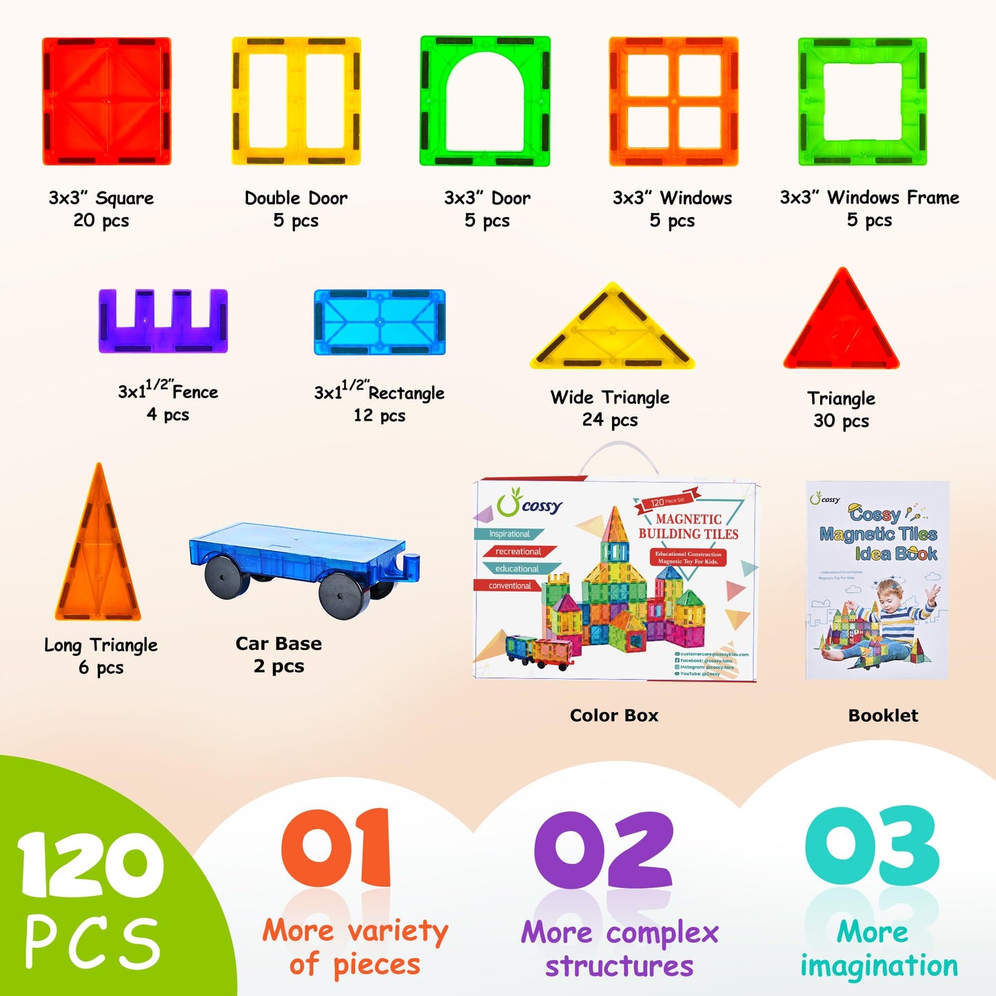 Cossy 120Pcs Magnetic Tiles – 3D Building Blocks for Kids 3–8