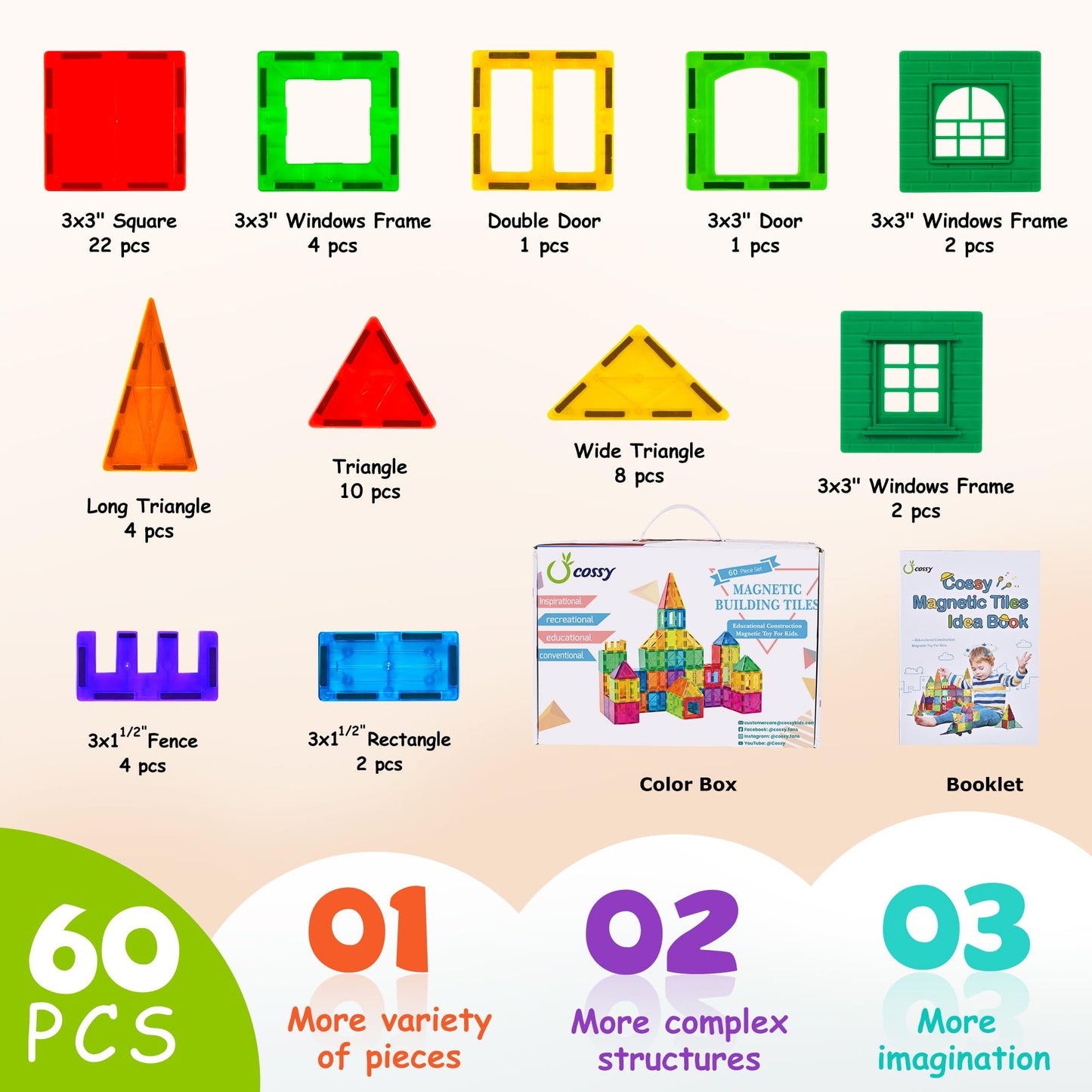 Cossy 60 Pcs Magnet Tiles - Educational 3D Building Blocks with Stronger Magnets & Rivet Reinforcement