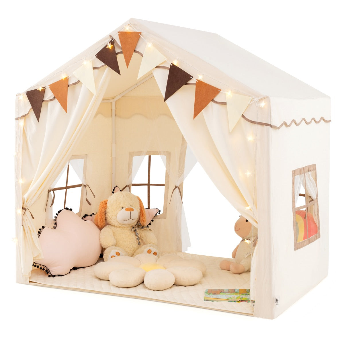 3-4 Kids Large Play Tent House with 2 Opening Doors Star Lights and Plaid Pennants-Grey