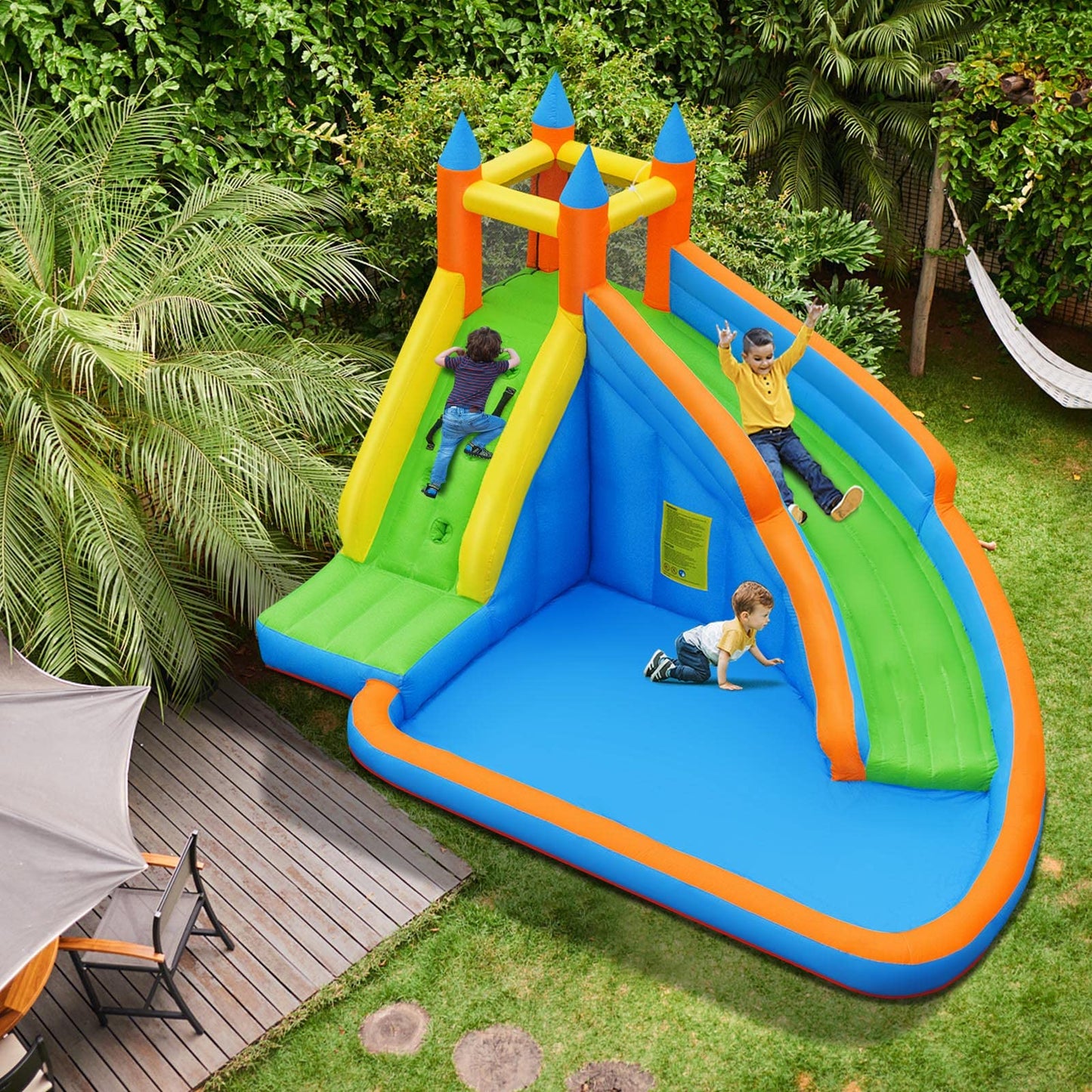 Costzon Inflatable Water Slide – Giant Backyard Jump Castle with Climbing Wall & Splash Pool