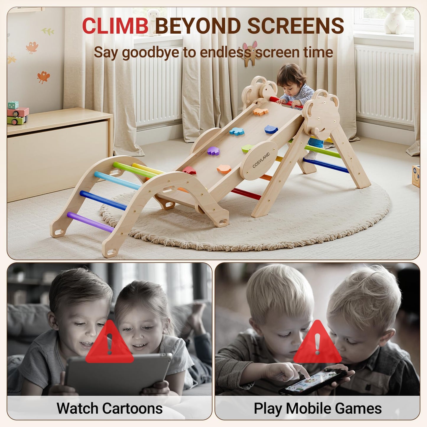 COSYLAND Pikler Triangle Set - 8-in-1 Foldable Wooden Climber for Toddlers (18M-3Y) | ASTM Certified