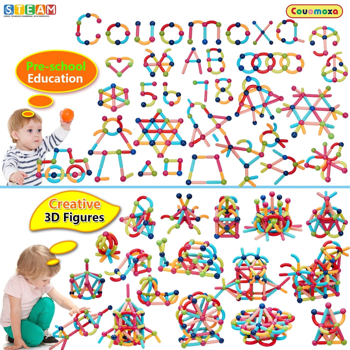 COUOMOXA Magnetic Toy Montessori Kit — 132-Piece STEM Builder for Ages 3–12