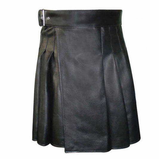 Black Leather Highland Gladiator Viking Pleats Leather Kilt With Belt