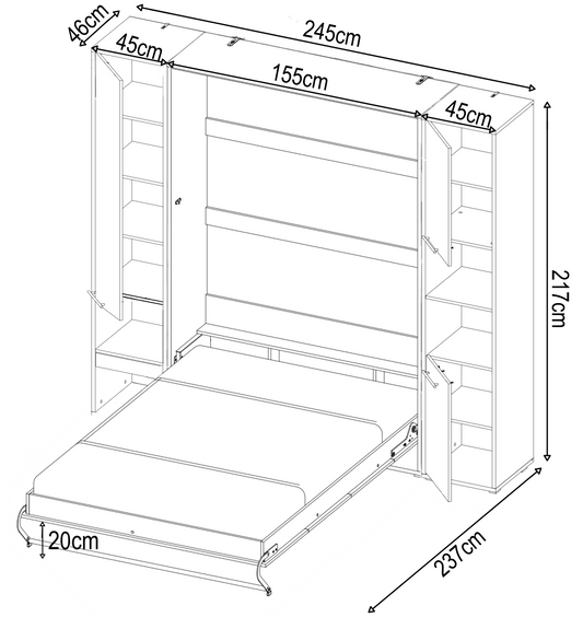 Vertical Folding Wall Bed with Storage Cabinets – Double 140cm | Pull Down Bed with Side Wardrobes