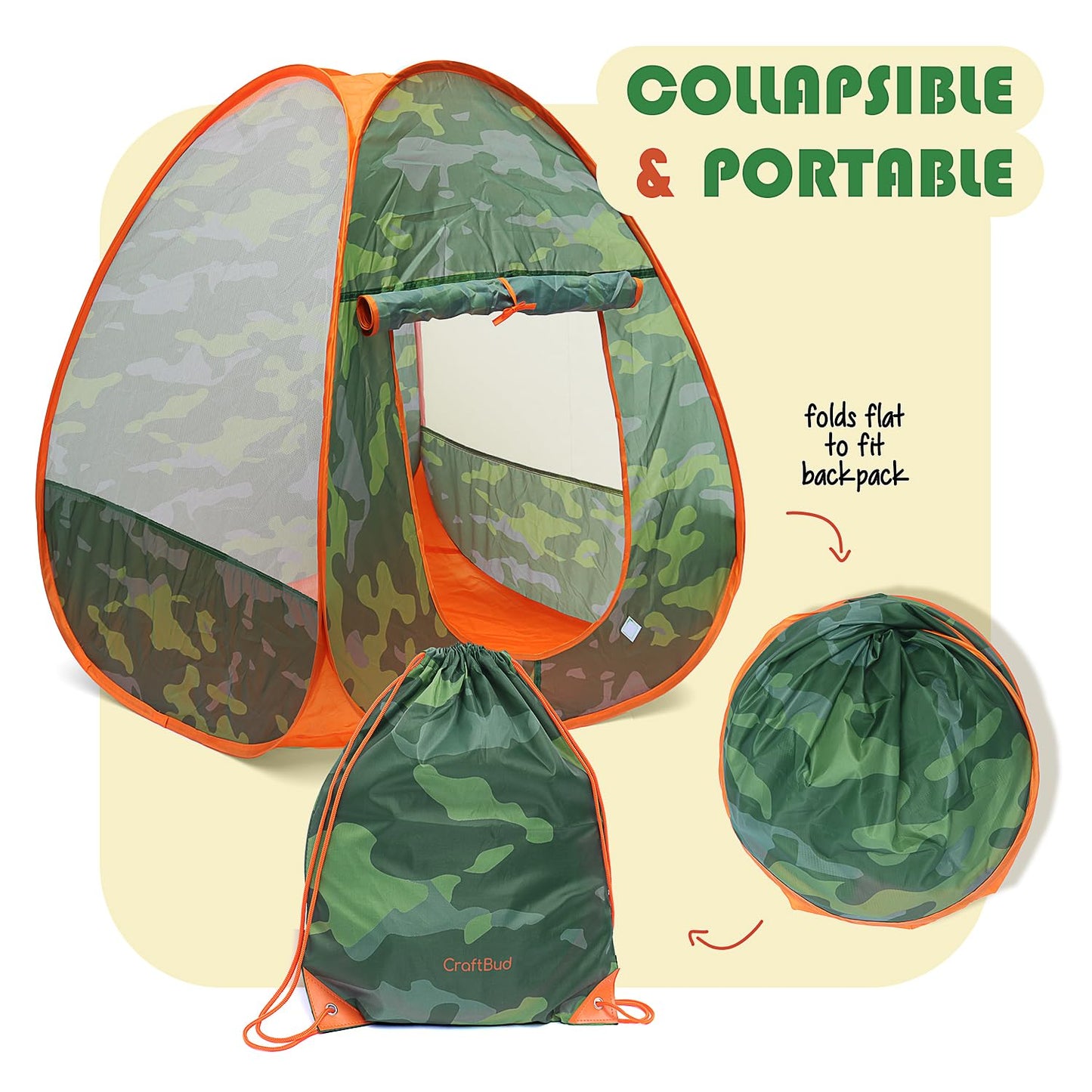 CraftBud Kids Camping Set with Pop-Up Tent – Portable Outdoor Play Kit for Ages 3-6