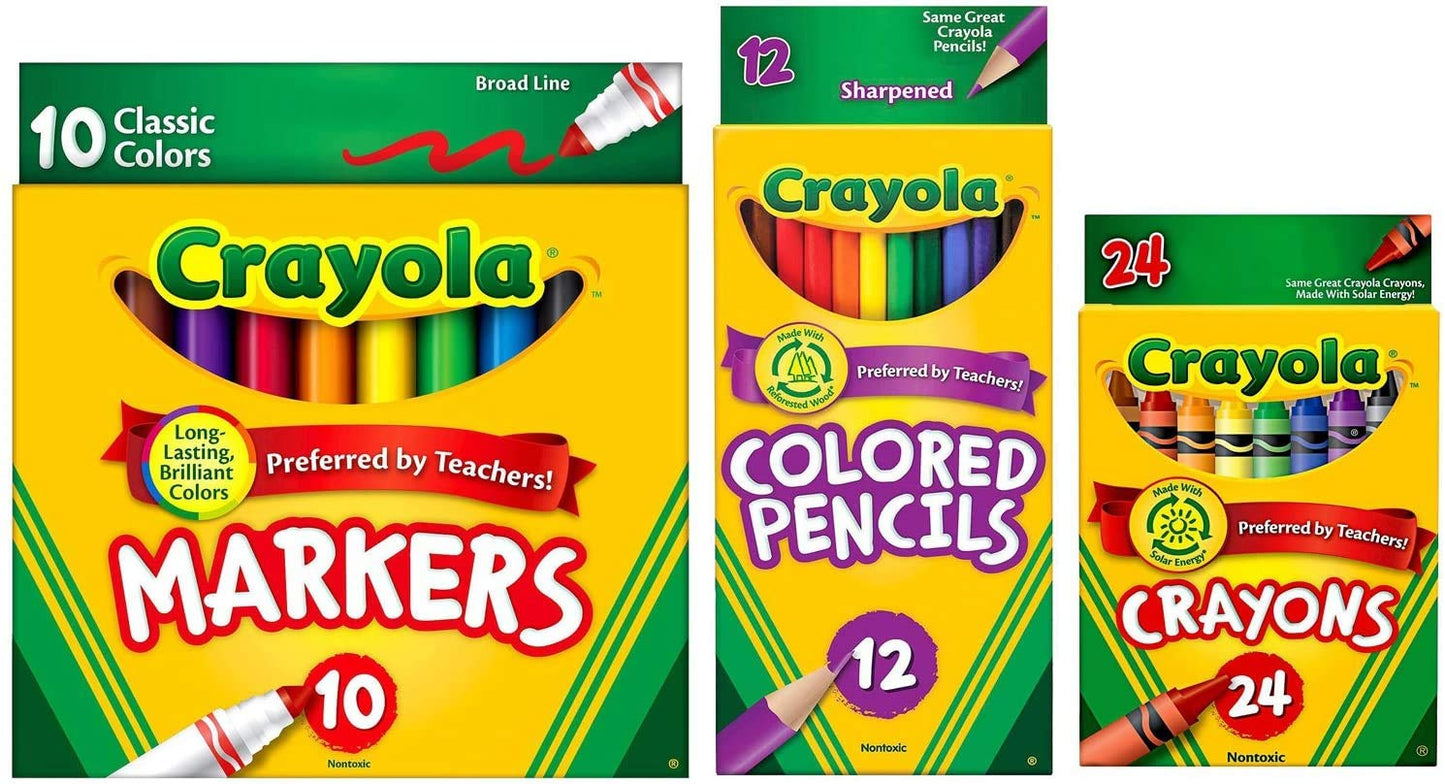 Crayola Classic Bundle: Crayons 24, Markers 10, Pencils 12 – Back-to-School Essentials