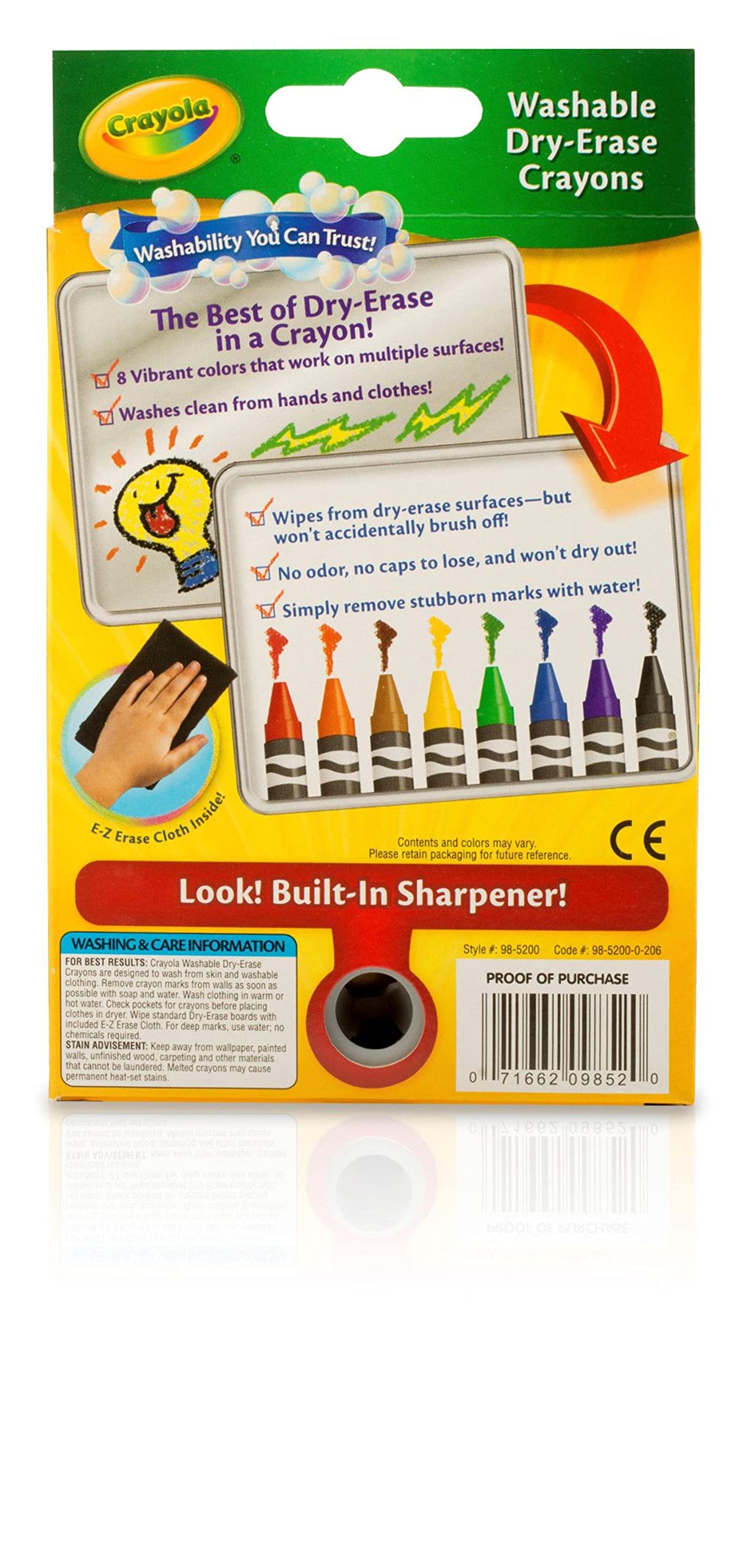Crayola Washable Dry Erase Crayons (8ct) with Eraser Mitt & Sharpener