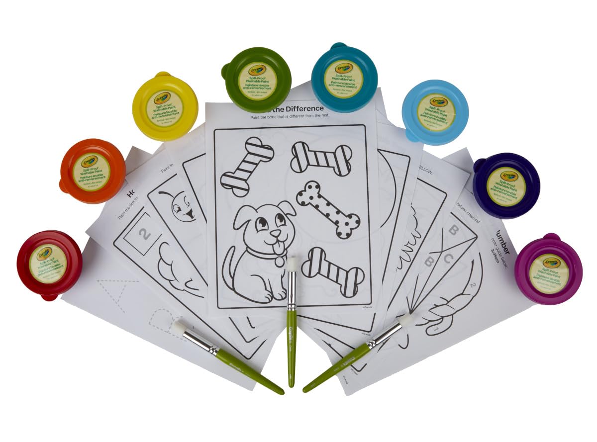 Crayola Spill Proof Paint Set (8ct) – Washable Toddler Paint Kit with 3 Brushes, 2 Trays & 40 Activity Pages