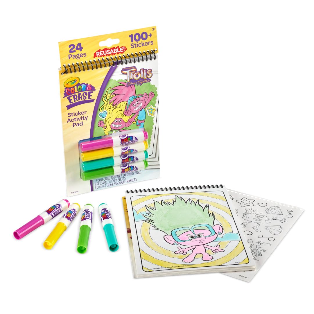 Crayola Trolls Color & Erase Sticker Activity Pad – 12 Reusable Trolls Coloring Pages & 100 Stickers | Gift