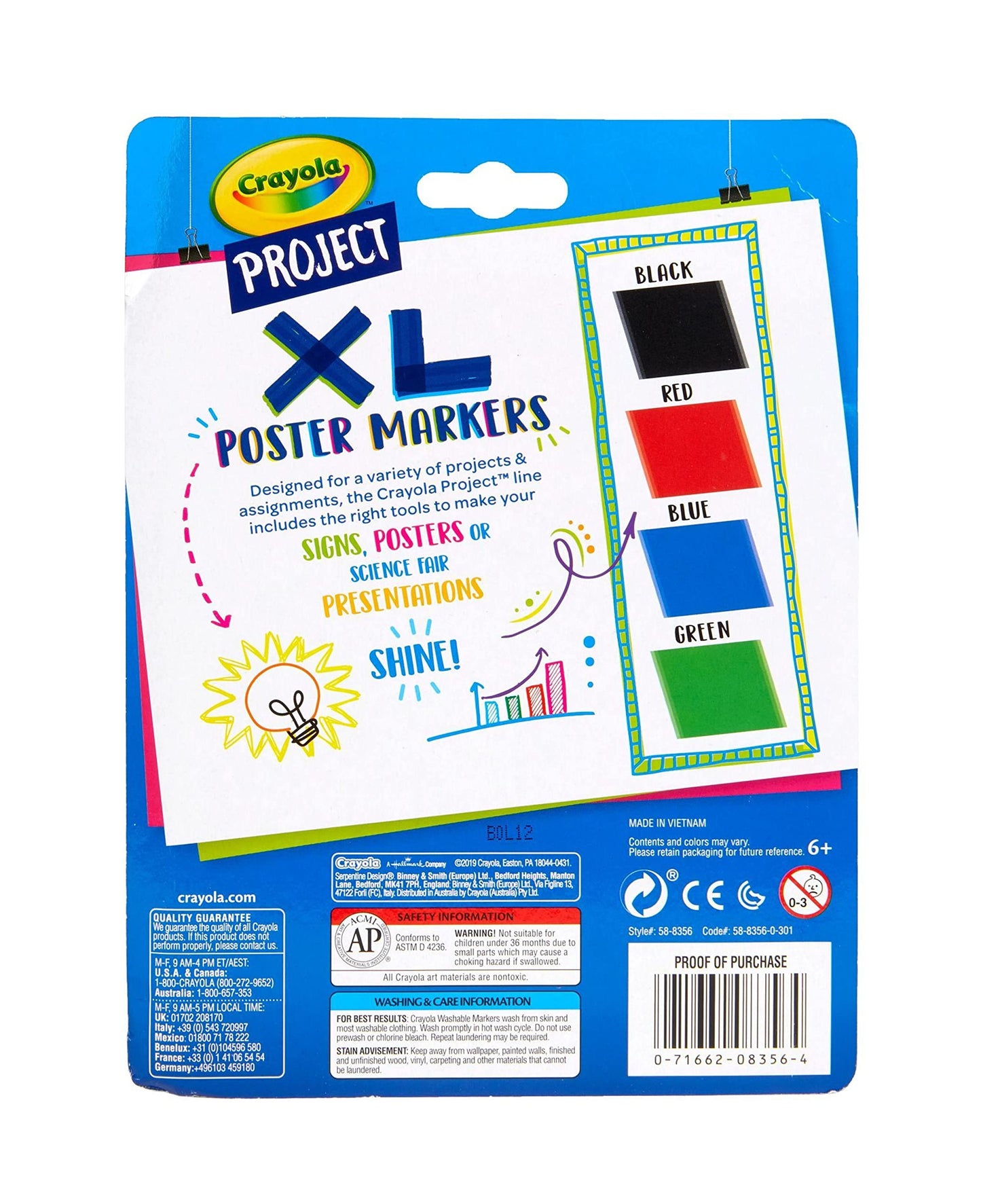 Crayola XL Poster Markers – 4 Count (Black, Green, Blue, Red) with Extra-Wide Chisel Tips