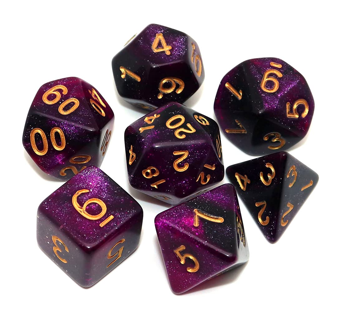 CREEBUY Black Mix Purple Nebula DND Dice Set – 7-Piece Polyhedral D&D Dice with Bag
