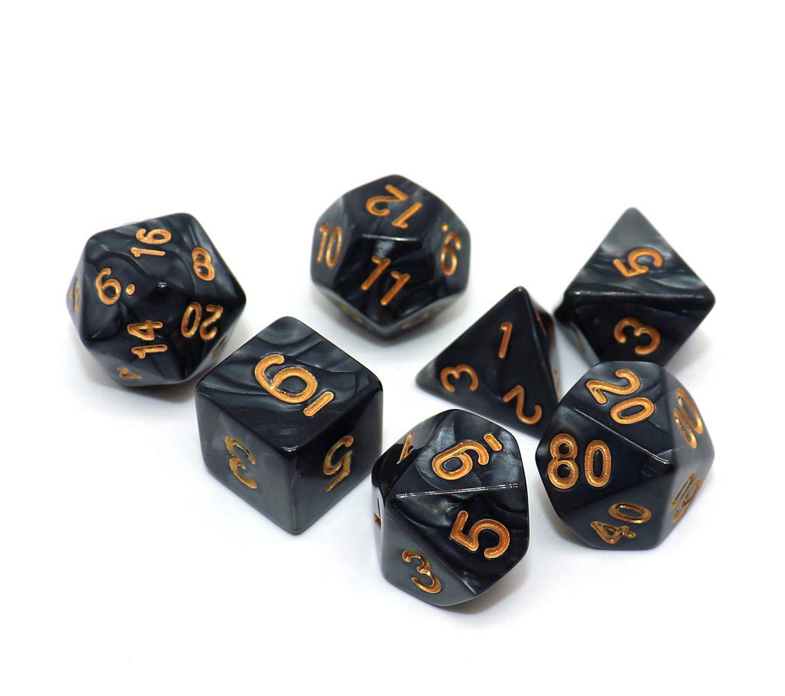 CREEBUY Black Polyhedral DND Dice Set – 7-Piece with Pouch | Pearl Black, Gold Numbers