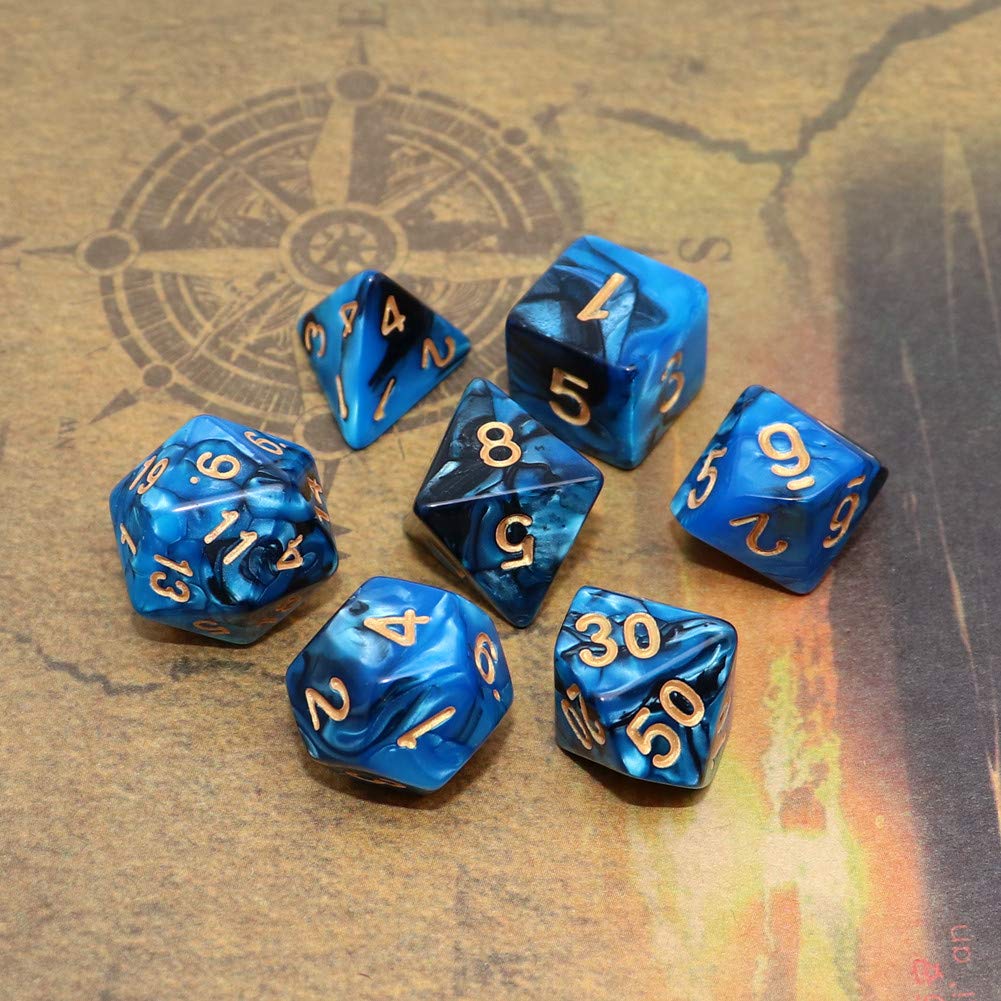 CREEBUY Blue Mix Black Dice Set – 7-Piece Polyhedral DND Dice for D&D RPG
