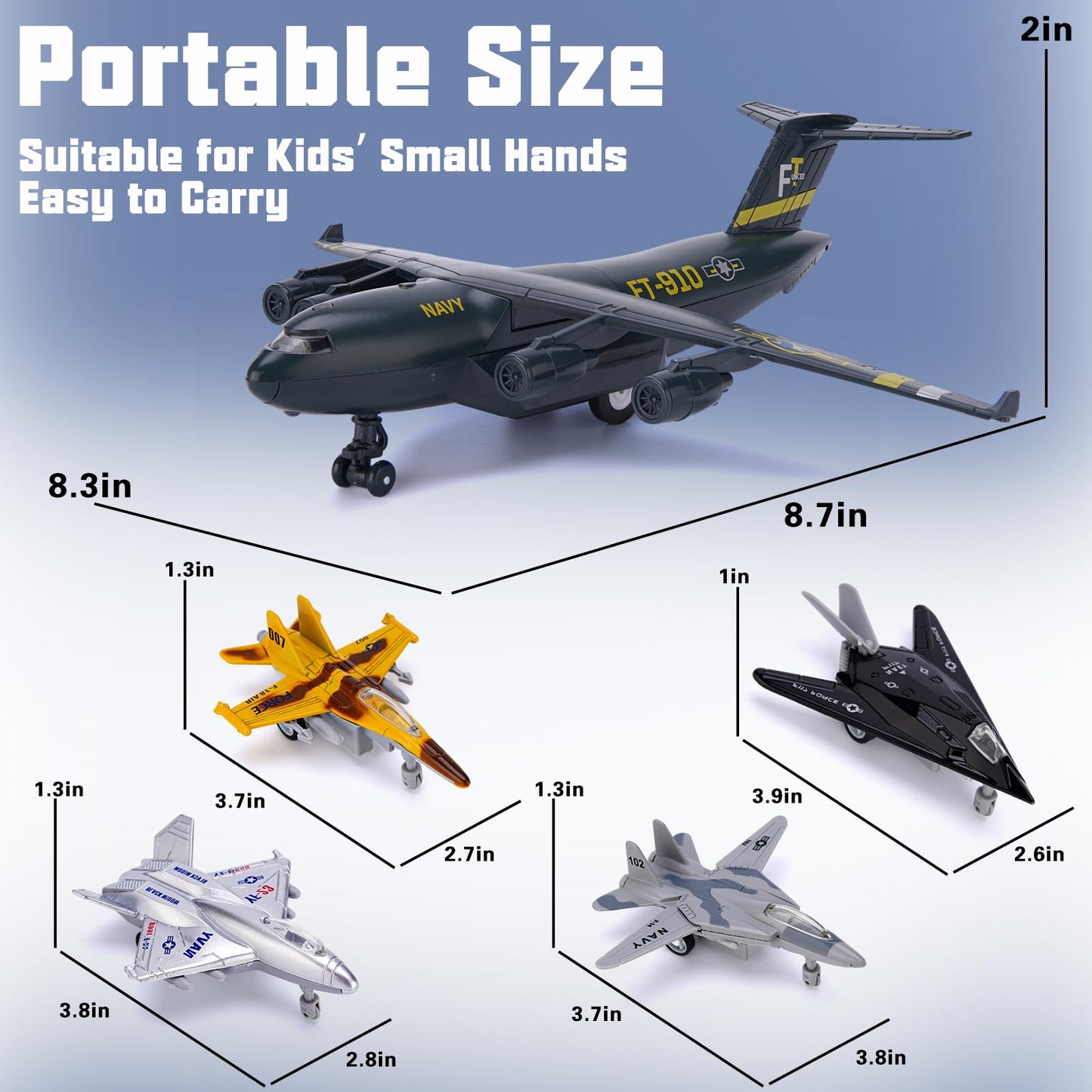 Crelloci 5 Pack Army Navy Airplane Toys Set – Light & Sounds, Pull-Back Die-Cast Jets
