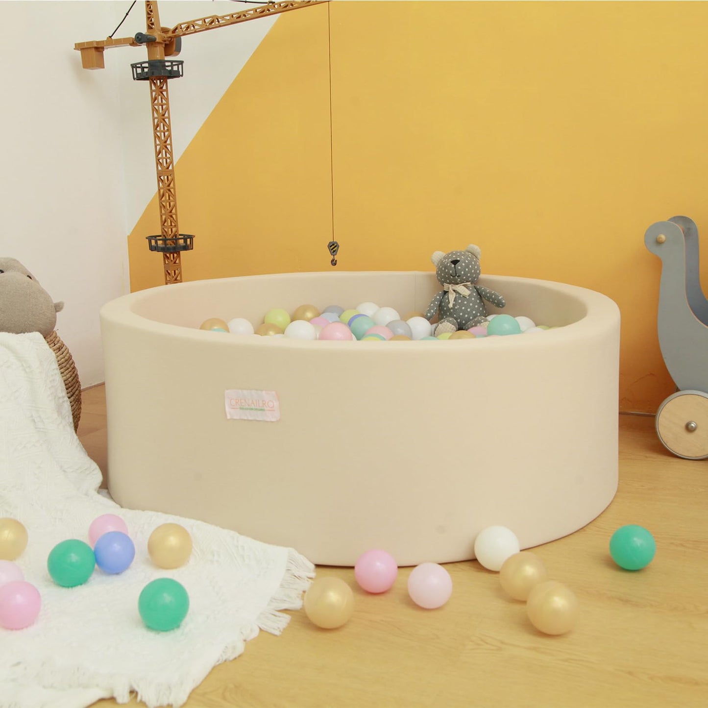 Crenailro Beige Foam Ball Pit for Toddlers — Soft, Durable 35-Inch Playpen (Balls Not Included)
