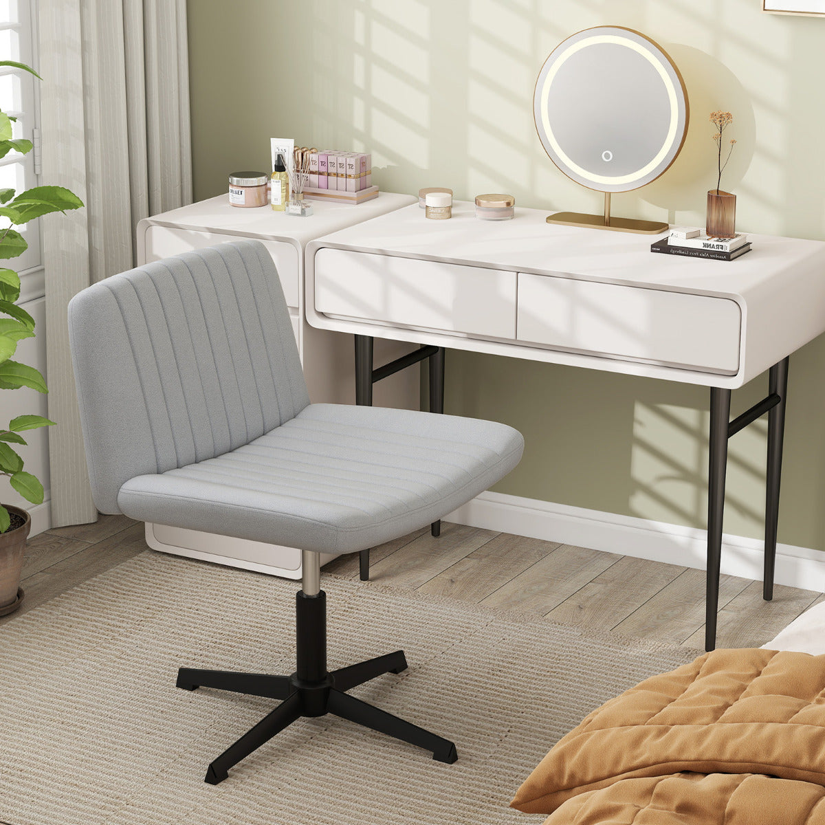Criss Cross Legged Chair No Wheels with Wide Padded Seat-Beige