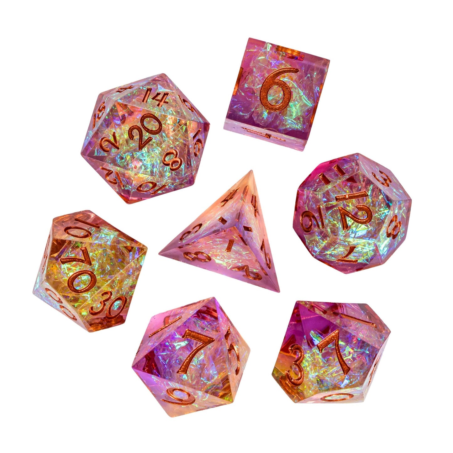 CRITALLIC 7PCS DND Dice Set – Transparent Sharp Edge Polyhedral Dice (Gift Box, Purple & Orange)