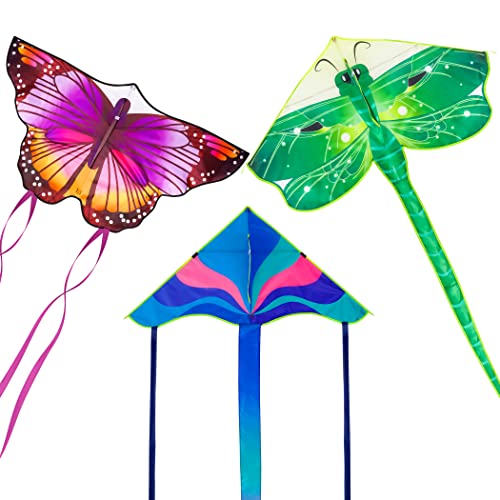 Crogift 3-Pack Large Kites – Butterfly Delta Dragonfly for Easy Flying