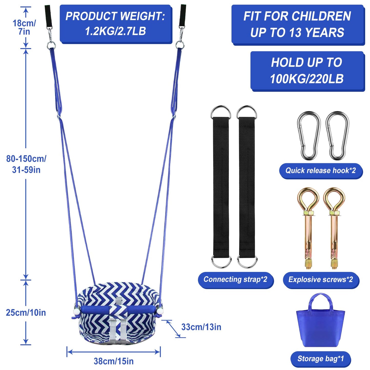 CROSDE Comfy Toddler Swing Seat | Heavy-Duty Outdoor/Indoor Swing (Blue)