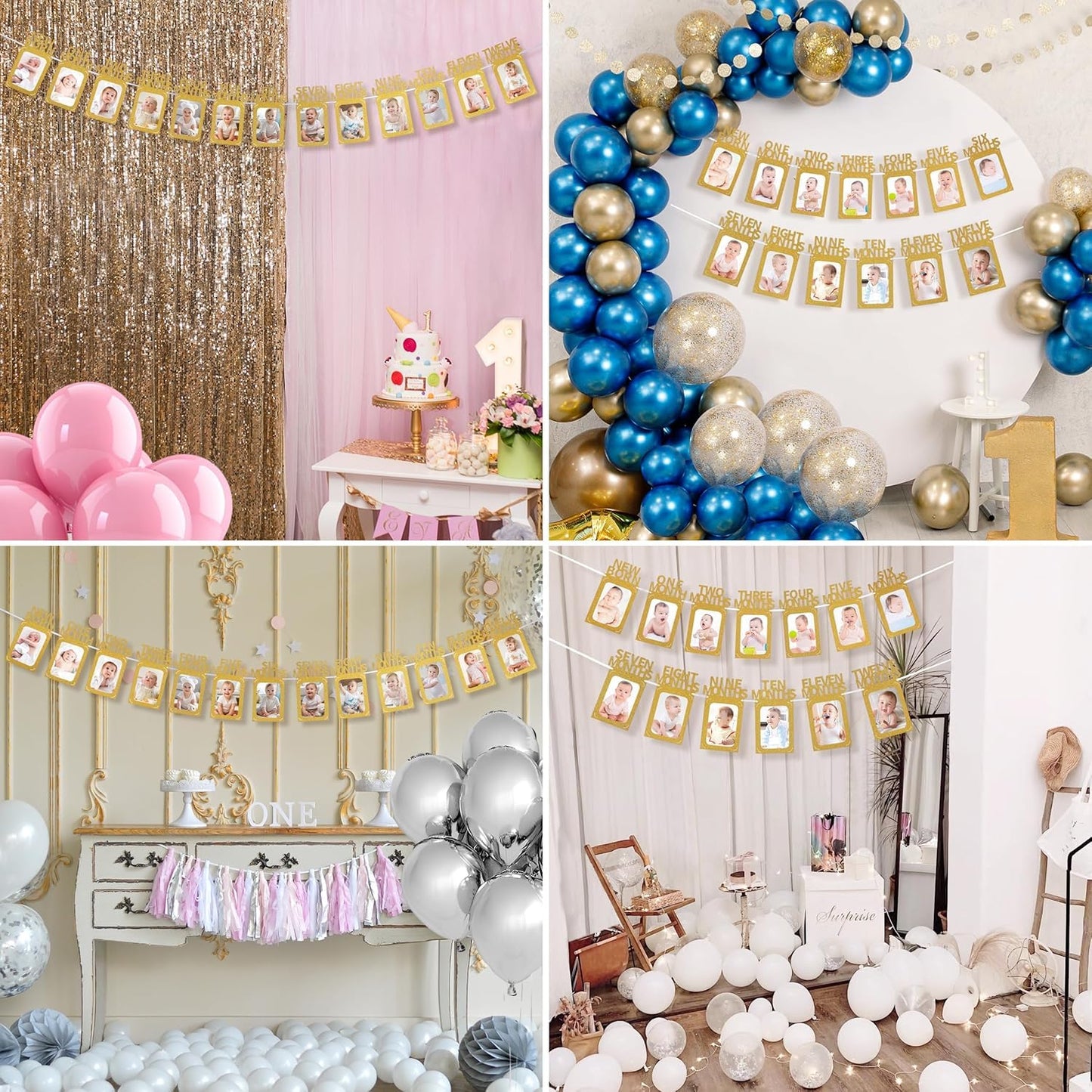 Crosize 1st Birthday Photo Banner – 4x6 or 5x7 Frame, Newborn to 12 Months, Milestones Garland (Gold)