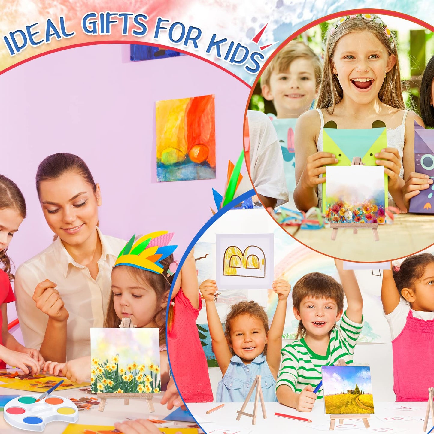 Crtiin Mini Watercolor Paint Set – 24-Piece 4x4-Inch Canvas & Easel Kit for Kids | Valentines Galentines Gift