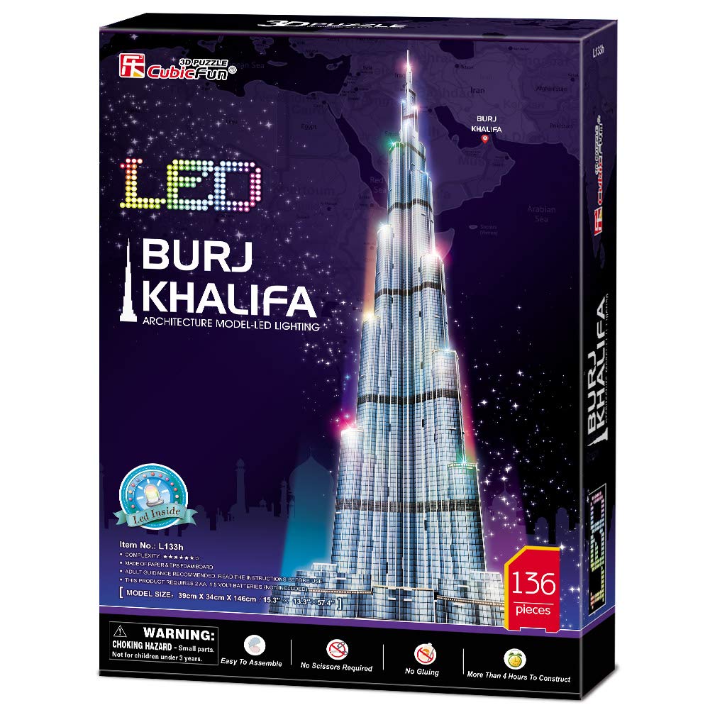 CubicFun 3D Burj Khalifa LED Puzzle – 57.5” Tall Architecture Model Kit