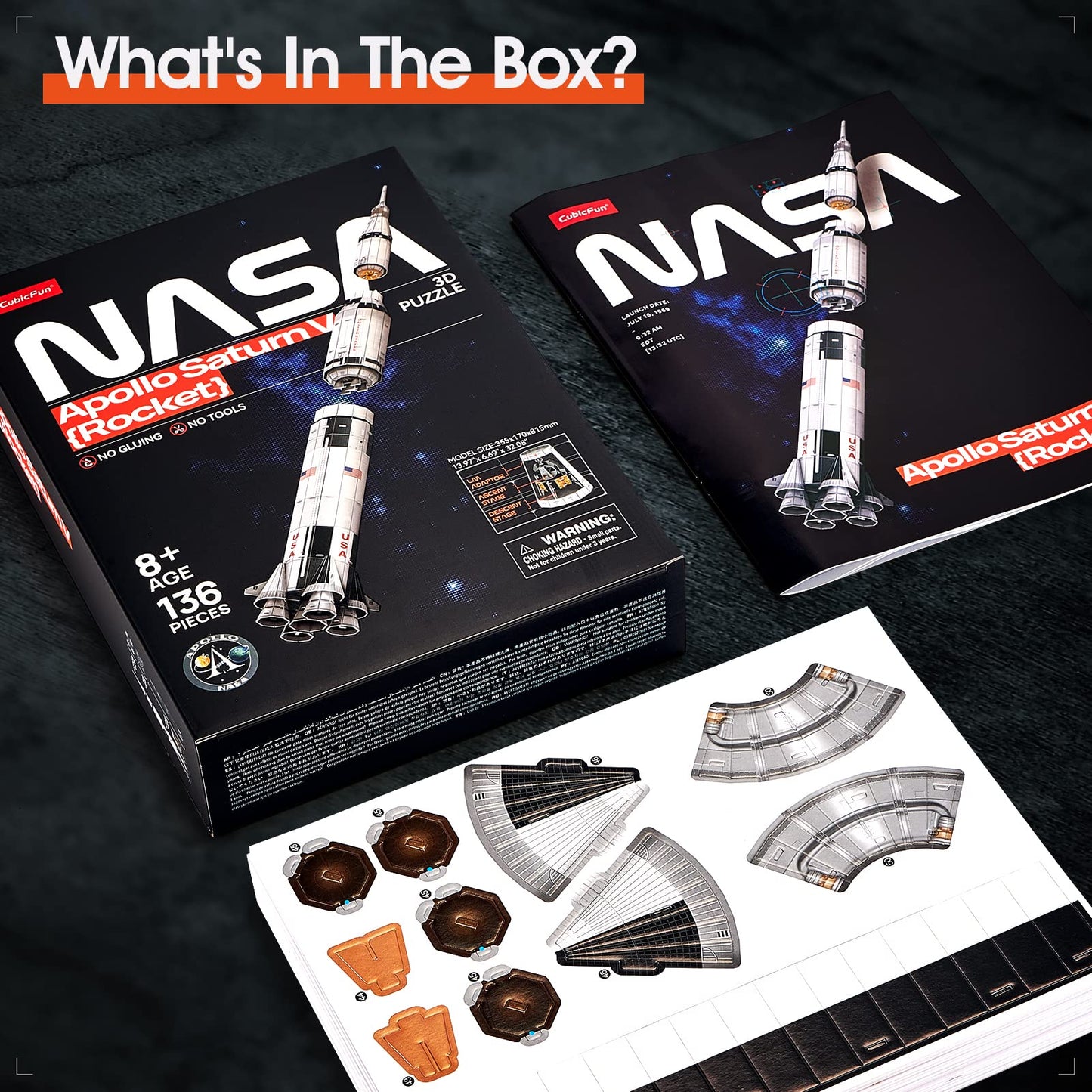 CubicFun NASA Apollo Saturn V 3D Puzzle – 32-Inch Rocket Model Kit, 136 Pieces