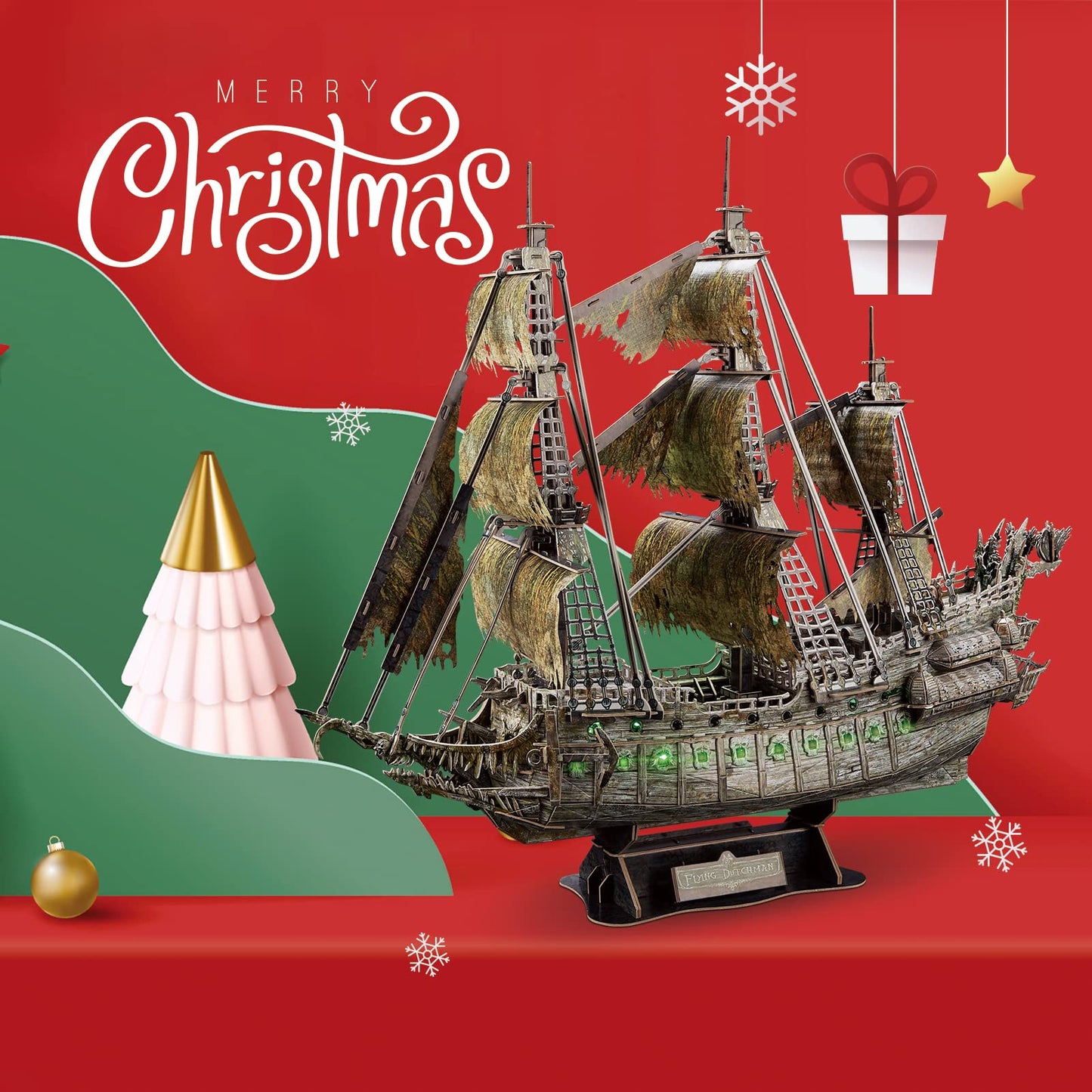 Cubifun 3D Flying Dutchman Puzzle with Green LED Lighting – 360-Piece Pirate Ship Model Kit