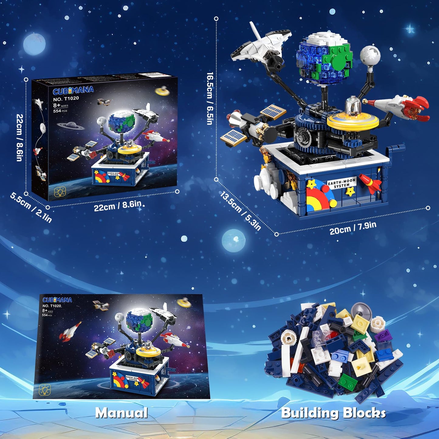 CUBIMANA Planet Rotatable Space Set with Glow — Earth & Moon Space Exploration Kit (554 PCS)