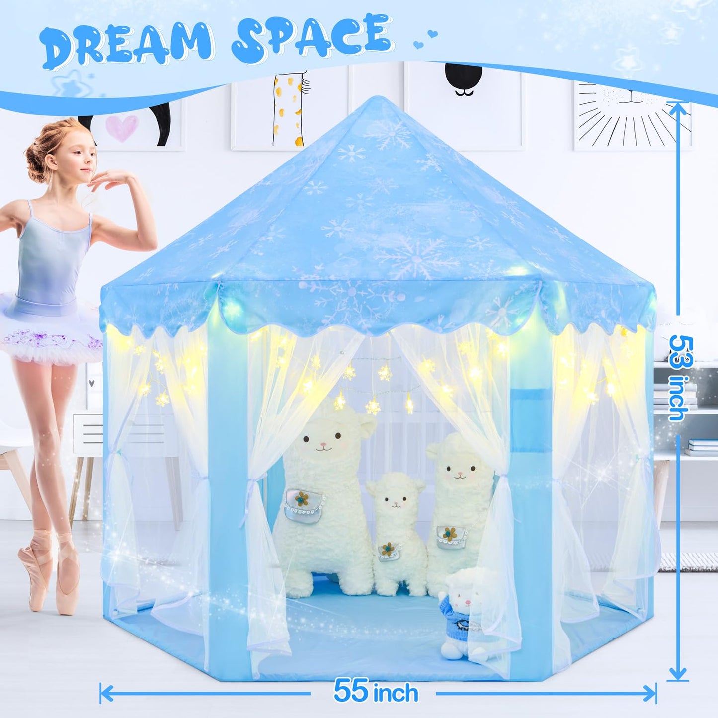 CUBNBUD Frozen Princess Play Tent – Indoor Castle for Girls 4-7, Snowflake Lights, 55x53 in