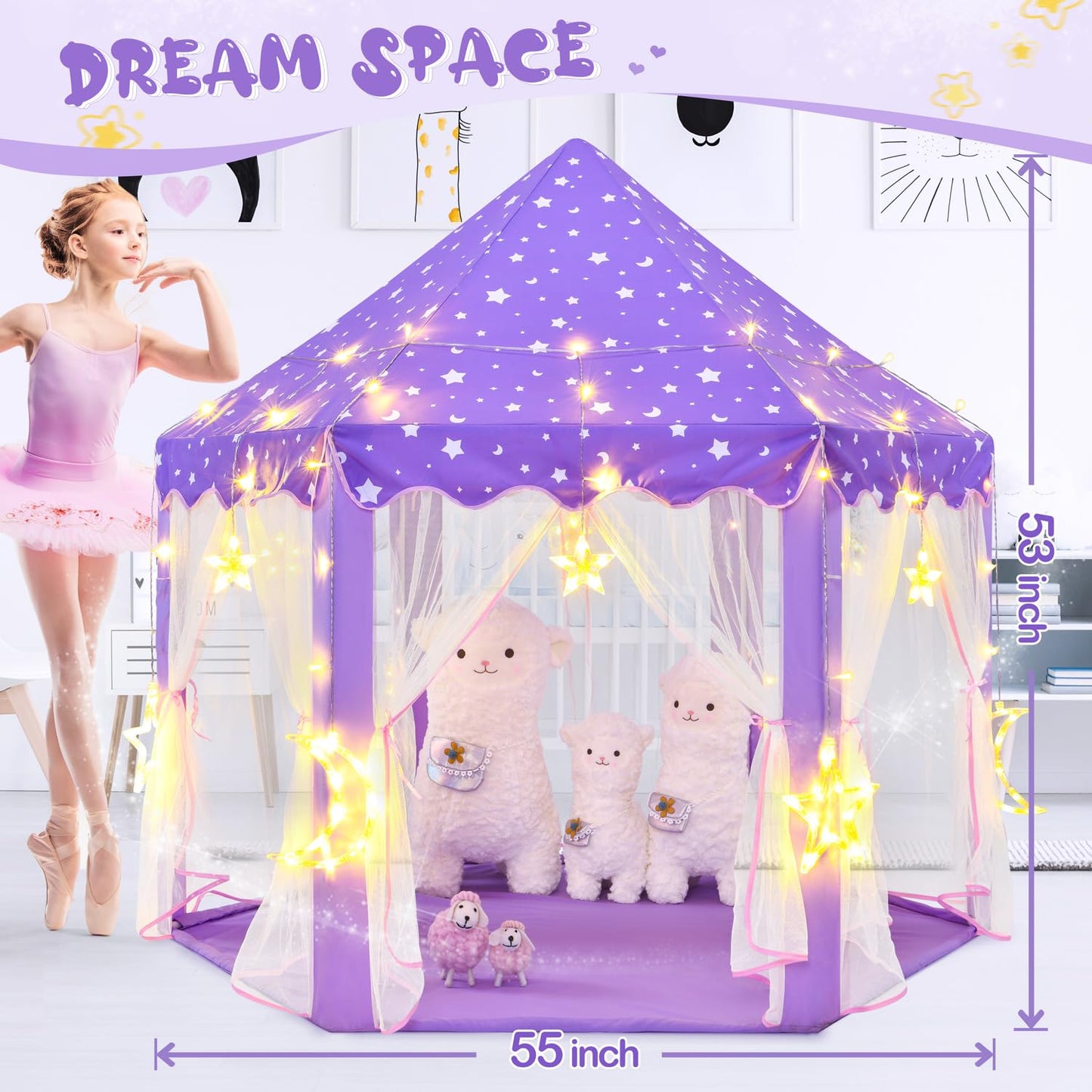 CUBNBUD Princess Tent with Large Star Lights – Indoor Castle Play Tent for Girls 3-7 (55x53 in) Purple
