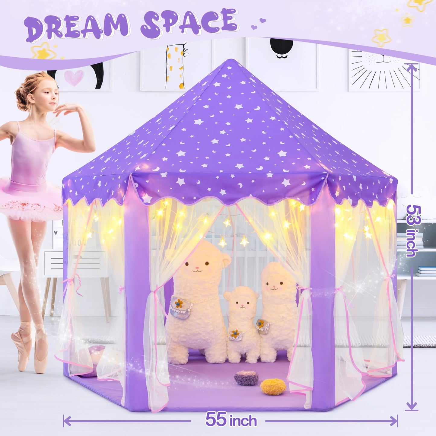 CUBNBUD Purple Princess Tent with Lights & Rug — Indoor Castle Playhouse for Girls 4-7 (55x53 in)